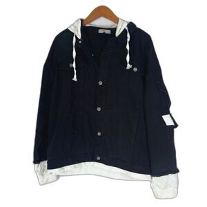 Polo Mano NWT Black & White Hooded Denim Cotton Jean Jacket Size LG